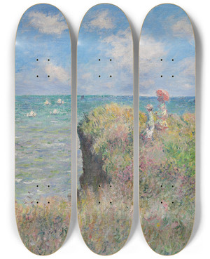 Triptych art skateboard deck of Claude Monet Cliff Walk At Pourville by Claude Monet (1840-1926)