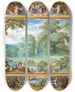 Triptych art skateboard deck of Hans Bol Landscape With The Story Of Venus And Adonis by Hans Bol (1534-1593)