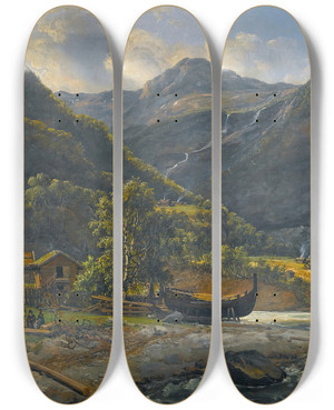 Triptych art skateboard deck of Johan Christian Dahl View At Skjolden In Lyster by Johan Christian Dahl (1788-1857)