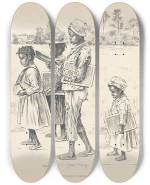 Triptych art skateboard deck of J Campbel Phillips The March Of Intellect by J Campbel Phillips (1873-1949)