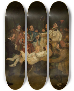 Triptych art skateboard deck of Antoni Piotrowski Students Play by Antoni Piotrowski (1853-1924)