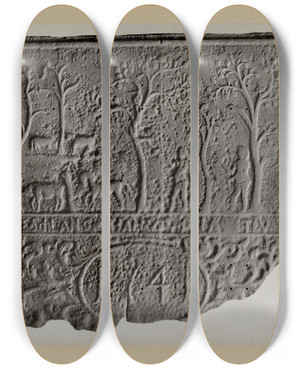 Triptych art skateboard deck of Charles Von Urban Pa German Stove Plate_2 by Charles Von Urban