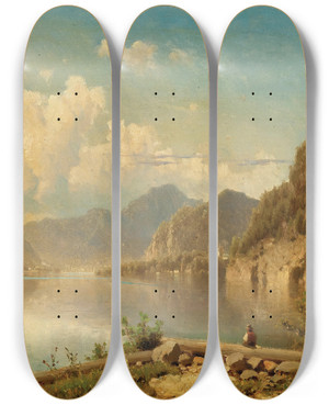 Triptych art skateboard deck of Adolf Chwala A Scene On Lake Wolfgangsee by Adolf Chwala (1836-1900)