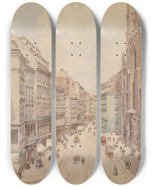 Triptych art skateboard deck of Richard Moser Wien Der Stephansplatz by Richard Moser (1874-1924)