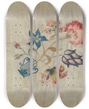 Triptych art skateboard deck of Martha Elliot Bed Hanging Detail by Martha Elliot