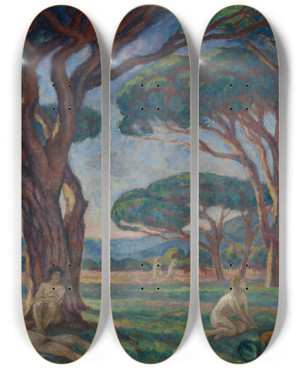 Triptych art skateboard deck of Jzef Pankiewicz Landscape From Provence With Idyllic Scenes by Jozef Pankiewicz (1866-1940)