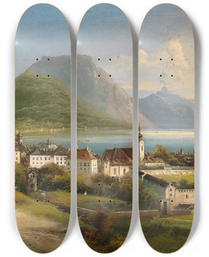 Triptych art skateboard deck of Johann Wilhelm Jankowsky A View Of Gmunden On Lake Traunsee by Johann Wilhelm Jankowsky (1825-1870)