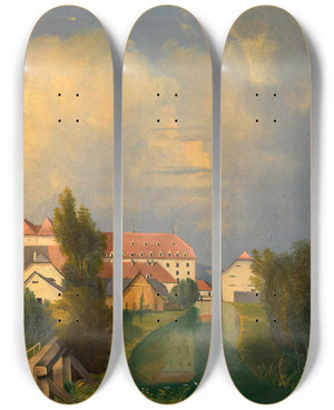 Triptych art skateboard deck of Adalbert Stifter Fabriksgarten In Schwadorf by Adalbert Stifter (1805-1868)