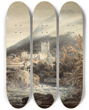 Triptych art skateboard deck of Joseph Mallord William Turner Llanthony Abbey Monmouthshire by Joseph Mallord William Turner (1775-1851)