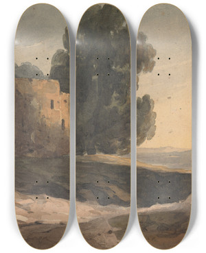 Triptych art skateboard deck of Thomas Sully Landscape With Ruined Castle Trees by Thomas Sully (1783-1872)