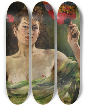 Triptych art skateboard deck of Lovis Corinth Girl With Fan And Carnations by Lovis Corinth (1858-1925)