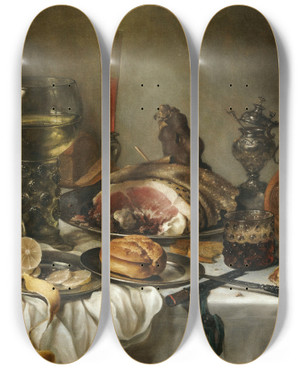 Triptych art skateboard deck of Pieter Claesz Still Life Of A Roemer An Earthenware Jug An Overturned Silver Beaker A Ham And Other Objects Arranged Upon A Draped Table Top by Pieter Claesz (1596-1660)