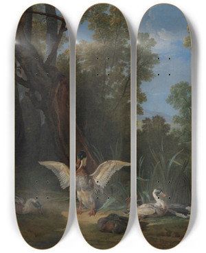 Triptych art skateboard deck of Jeanbaptiste Oudry Ducks Resting In Sunshine by Jean-Baptiste Oudry (1686-1755)