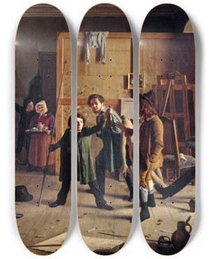 Triptych art skateboard deck of Johann Peter Hasenclever Studio Scene by Johann Peter Hasenclever (1810-1853)