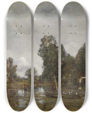 Triptych art skateboard deck of Emil Jakob Schindler Motiv Aus Dem Wiener Prater Krieau by Emil Jakob Schindler (1842-1892)