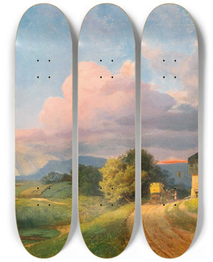 Triptych art skateboard deck of Ignaz Raffalt A Post Coach Resting At Dusk by Ignaz Raffalt (1800-1857)