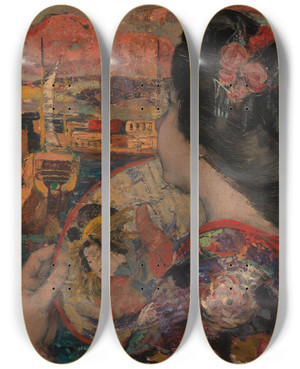 Triptych art skateboard deck of Edward Atkinson Hornel The Balcony Yokohama by Edward Atkinson Hornel (1864-1933)