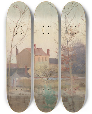 Triptych art skateboard deck of Ladislav Mednynszky Autumn At The Edge Of A City by Ladislav Mednyanszky (1852-1919)