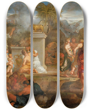 Triptych art skateboard deck of Sbastien Bourdon The Adoration Of The Golden Calf by Sebastien Bourdon (1616-1671)