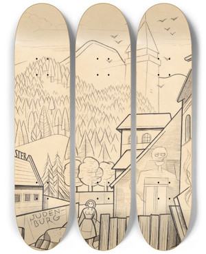 Triptych art skateboard deck of Karl Wiener Erinnerung An Judenburg by Karl Wiener (1901-1949)