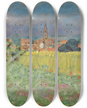 Triptych art skateboard deck of Pierre Bonnard Le Champ De Bl Devant Lglise by Pierre Bonnard (1867-1947)