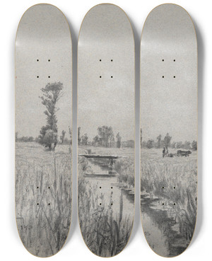 Triptych art skateboard deck of Gustav Kampmann An Der Sempt Bei Langenpreising by Gustav Kampmann (1859-1917)