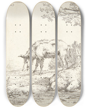 Triptych art skateboard deck of Karel Dujardin Tre Svin Nr En Hk by Karel Dujardin (1622-1678)