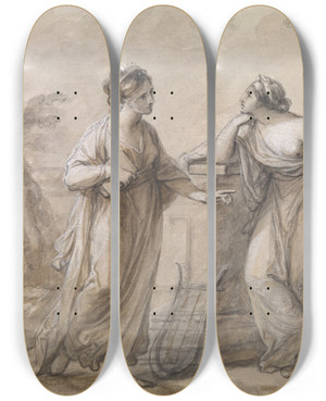 Triptych art skateboard deck of Angelica Kauffmann Three Muses In Conversation by Angelica Kauffmann (1741-1807)