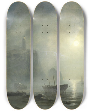 Triptych art skateboard deck of Thodore Gudin View Of A Rocky Coast By Moonlight by Theodore Gudin (1802-1880)