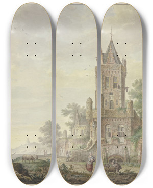 Triptych art skateboard deck of Pieter Bartholomeusz Barbiers Stadt Mit Einem Alten Turm Am Wasser Vorne Eine Frau Bei Einem Knaben Mit Zwei Schafen by Pieter Bartholomeusz Barbiers (1772-1837)