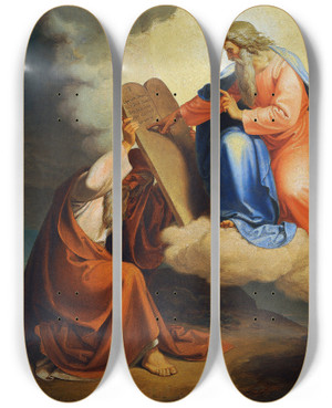 Triptych art skateboard deck of Joseph Von Fhrich God Writes The Ten Commandments On Two Stone Tablets To Moses On Mount Sinai by Joseph Von Fuhrich (1800-1876)