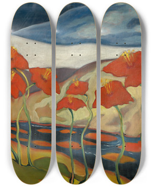 Triptych art skateboard deck of Zolo Palugyay Landscape With Flowers Nirvana by Zolo Palugyay (1898-1935)
