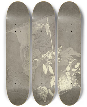 Triptych art skateboard deck of Ferdinand Fellner Eine Ruberhhle Bei Feuerbeleuchtung by Ferdinand Fellner (1799-1859)