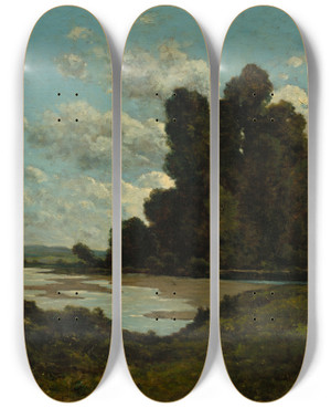 Triptych art skateboard deck of Henrijoseph Harpignies The River Loire At Nevers by Henri Joseph Harpignies (1819-1916)