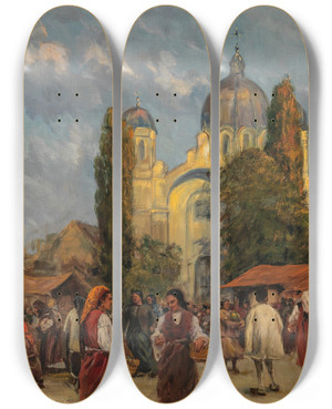 Triptych art skateboard deck of Max Friedrich Rabes Markt In Sofia by Max Friedrich Rabes (1868-1944)