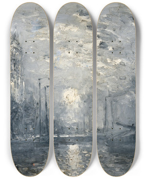 Triptych art skateboard deck of Frank William Boggs A River In Moonlight by Frank William Boggs