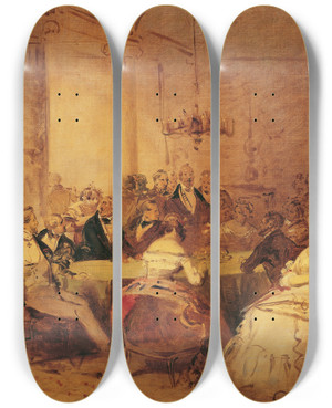 Triptych art skateboard deck of Josef Danhauser Gesellschaftsszene by Josef Danhauser (1805-1845)