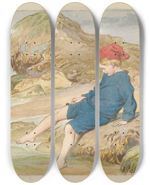 Triptych art skateboard deck of Robert Barnes Boy Playing By The Sea by Robert Barnes (1840-1895)