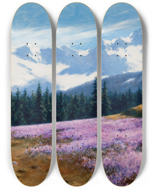 Triptych art skateboard deck of Stanisaw Witkiewicz Crocuses With Snowy Mountains Behind by Stanislaw Witkiewicz (1851-1915)