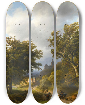 Triptych art skateboard deck of Barend Cornelis Koekkoek The Gust Of Wind by Barend Cornelis Koekkoek (1803-1862)