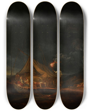 Triptych art skateboard deck of Alexander Laurus Archipelago People By The Campfire by Alexander Laureus (1783-1823)