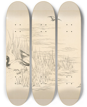 Triptych art skateboard deck of Flix Bracquemond Trois Canards Et Un Quatrime Qui Vole by Felix Bracquemond (1833-1914)