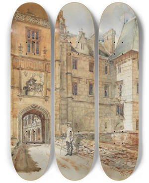 Triptych art skateboard deck of Rudolf Von Alt Bridge And Entrance To Leby Castle by Rudolf Von Alt (1812-1905)