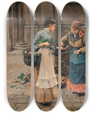 Triptych art skateboard deck of Josef Gisela Szene Beim Gemsestand by Josef Gisela (1851-1899)