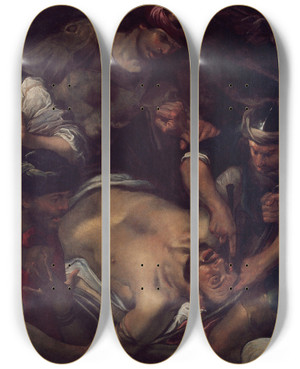 Triptych art skateboard deck of Gioacchino Assereto The Philistines Gouging Out Samsons Eyes by Gioacchino Assereto (1600-1649)