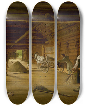 Triptych art skateboard deck of Alexei Venetsianov Threshing Barn by Alexei Venetsianov (1780-1847)