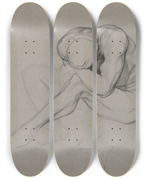 Triptych art skateboard deck of Victor Mller Mnnlicher Sitzender Akt Den Kopf Auf Das Linke Knie Gelegt by Victor Muller (1829-1871)