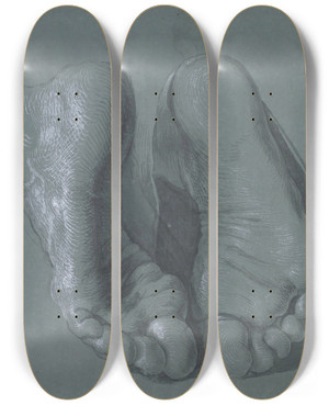 Triptych art skateboard deck of Albrecht Drer Study Of Two Feet by Albrecht Durer (1471-1528)