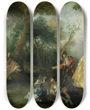 Triptych art skateboard deck of Nicolas Lancret The Swing by Nicolas Lancret (1690-1743)