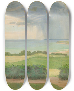 Triptych art skateboard deck of Johann Vincenz Cissarz Lowland Landscape With Water by Johann Vincenz Cissarz (1873-1942)